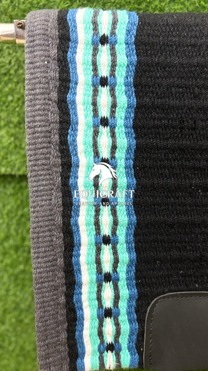 Black Mint Blue Wool Western Saddle Pad – Aztec Zigzag Show Pad | Horse Blanket Barrel Racing Rodeo Ranch Tack