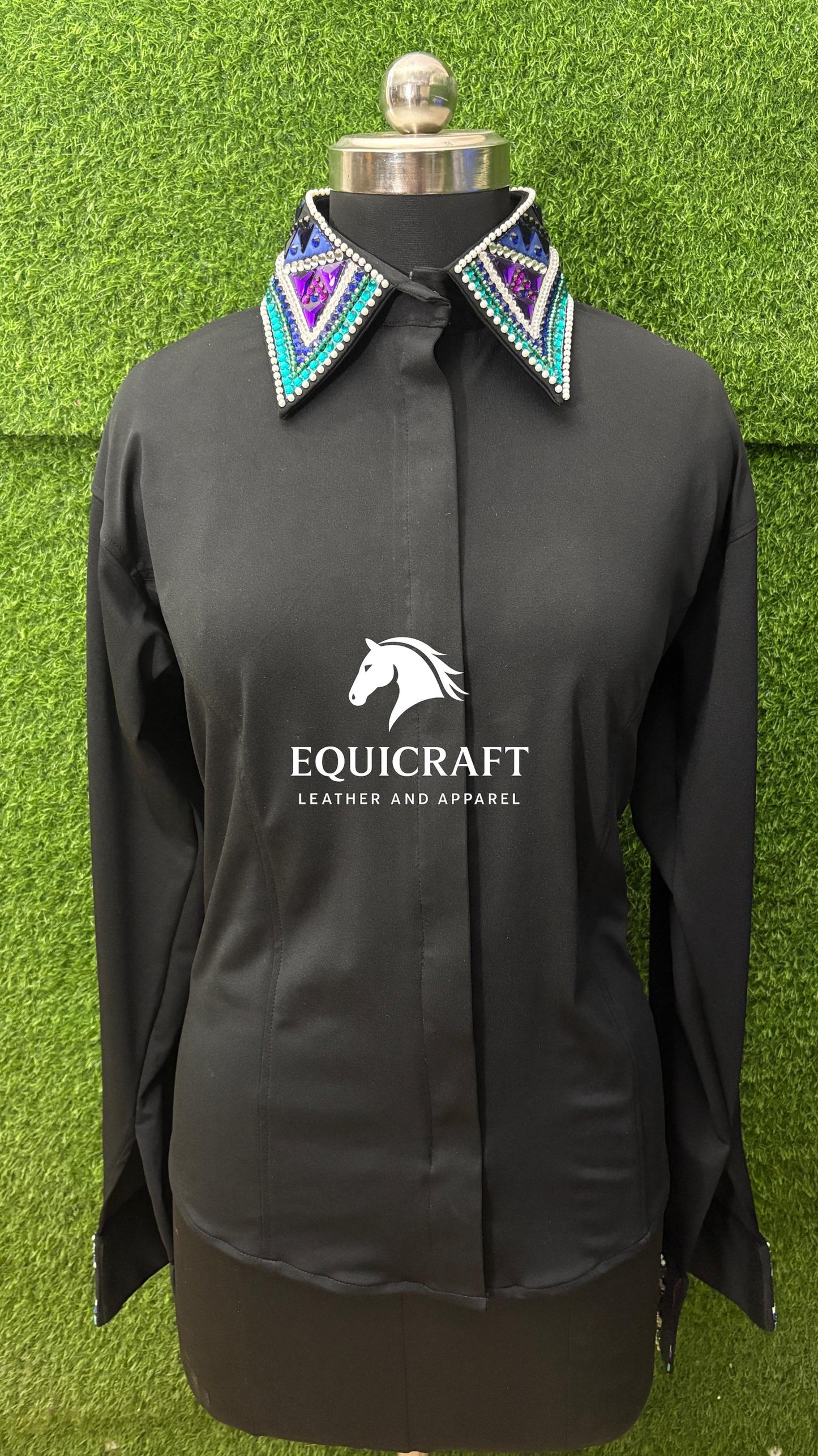 Womens Western Show Shirt | Black Turquoise Purple Blue Rhinestone Showmanship Shirt | Ladies Rodeo Queen Blouse | Horse Show Shirt