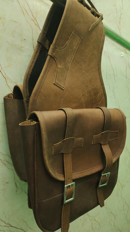 Tan Acorn Leaf Tooled Leather Western Saddle Bag – Double Buckle Brass Hardware Horse Trail Tack