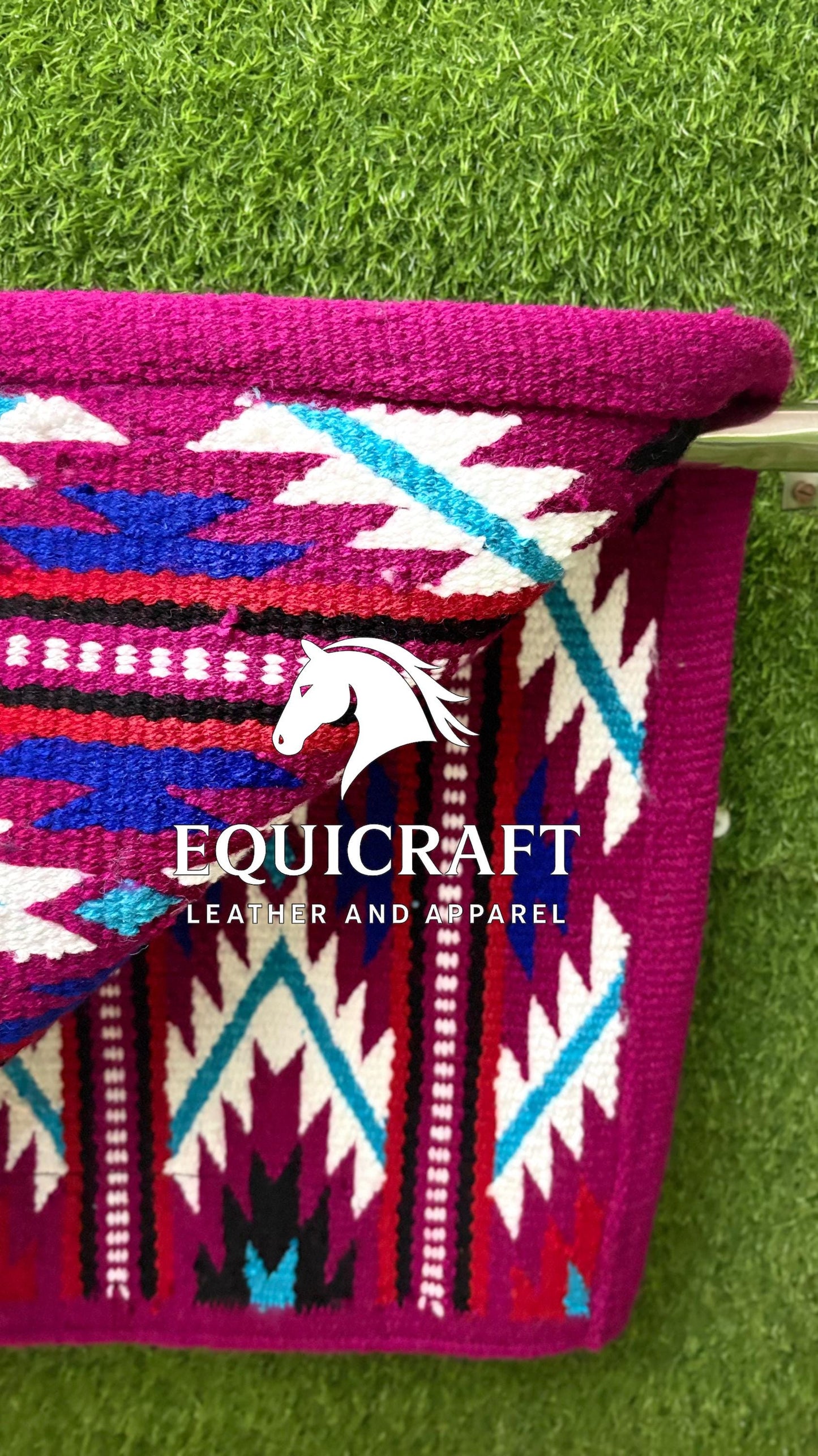 Western Show Saddle Pad | Magenta Pink White Turquoise Wool Blanket | Hand-Woven Southwestern Horse Saddle Pad | Barrel Racing Pad