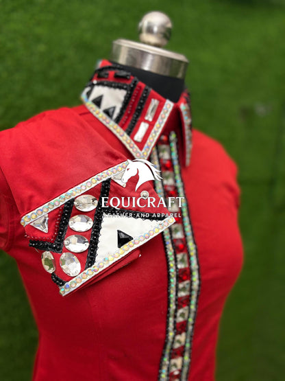 Womens Western Show Shirt | Red Crystal Rhinestone Embellished Showmanship Shirt | Ladies Rodeo Queen Blouse | Horse Show Shirt
