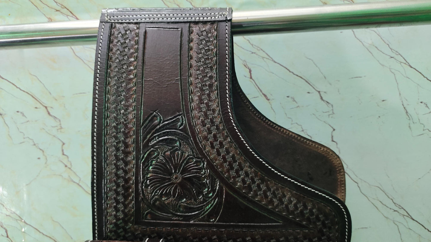 Dark Brown Tooled Leather Western Saddle Bag – Floral Basket Weave Double Buckle Horse Trail Tack