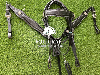 Black Crocodile Print Leather Western Headstall & Breast Collar Set – Crystal Concho Horse Tack | Barrel Racing Rodeo