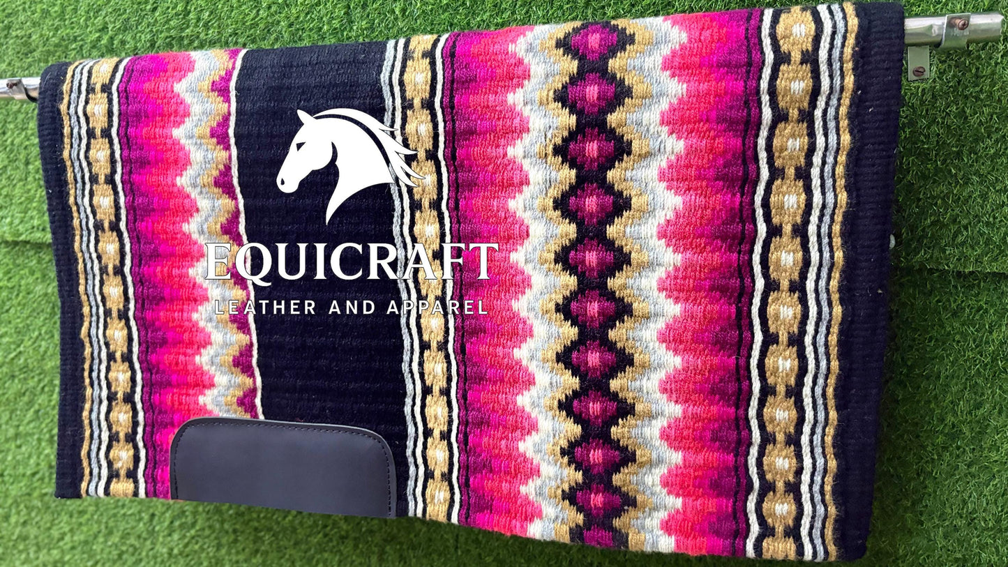 Western Saddle Pad | Black Pink Gold Aztec Wool Horse Blanket | Show Saddle Pad | Trail Riding Pad | Reining Pad | Quarter Horse Pad |