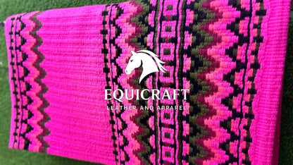 Hot Pink Olive Wool Western Saddle Blanket – Handmade Show Blanket | Horse Pad Barrel Racing Rodeo Tack SIZE 36X42