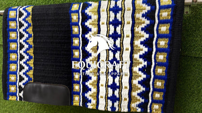 Aztec Western Show Saddle Pad | Black Blue Gold Metallic Wool Blanket | Hand-Woven Southwestern Horse Saddle Pad | Show Ring Pad