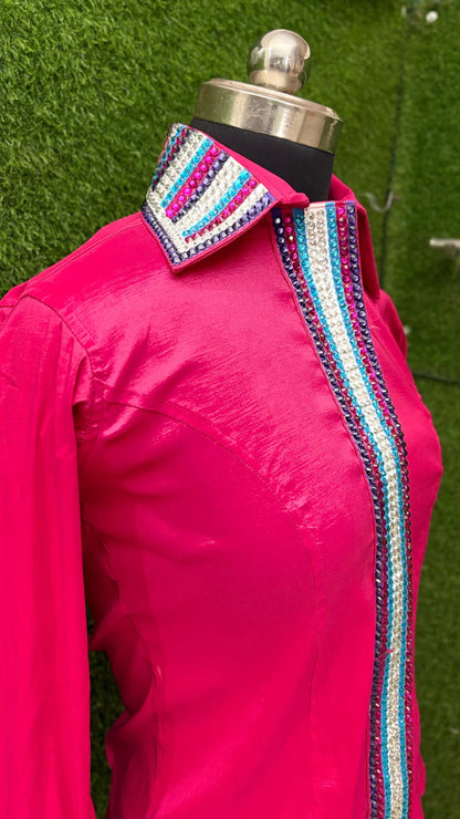 Womens Western Show Shirt | Hot Pink Multicolor Striped Rhinestone Showmanship Shirt | Ladies Rodeo Queen Blouse | Horse Show Shirt