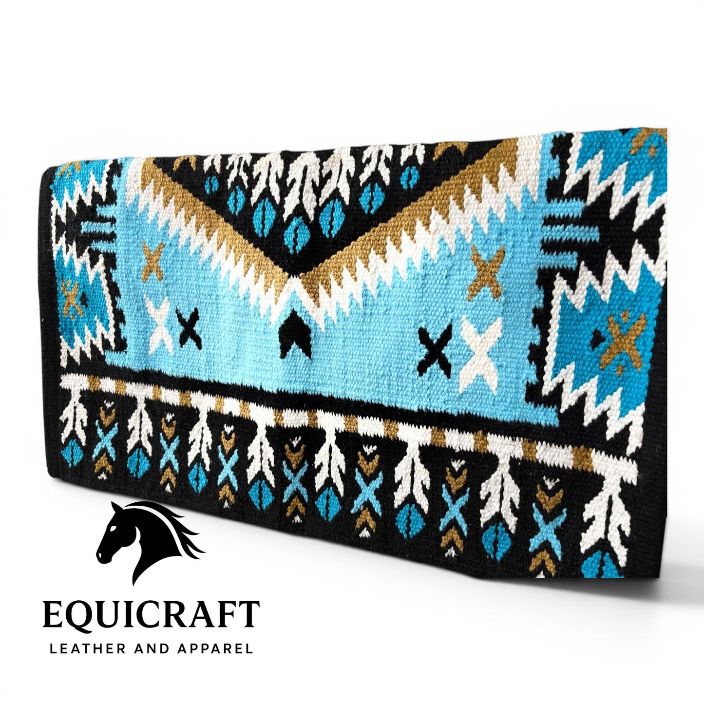 Sky Blue Turquoise Black White Southwestern Woven Wool Saddle Blankets Show Pads"