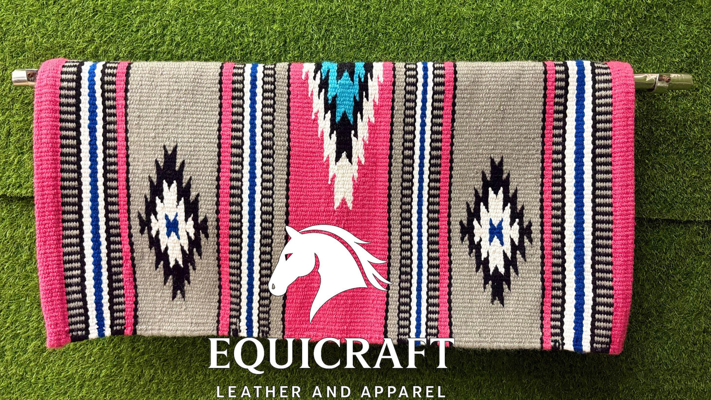 Western Saddle Blanket | Gray Pink Black Blue Wool Pad | Hand-Woven Southwestern Horse Saddle Blanket | Equestrian Gift SIZE 34X34