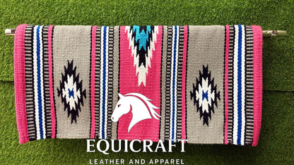 Western Saddle Blanket | Gray Pink Black Blue Wool Pad | Hand-Woven Southwestern Horse Saddle Blanket | Equestrian Gift SIZE 34X34