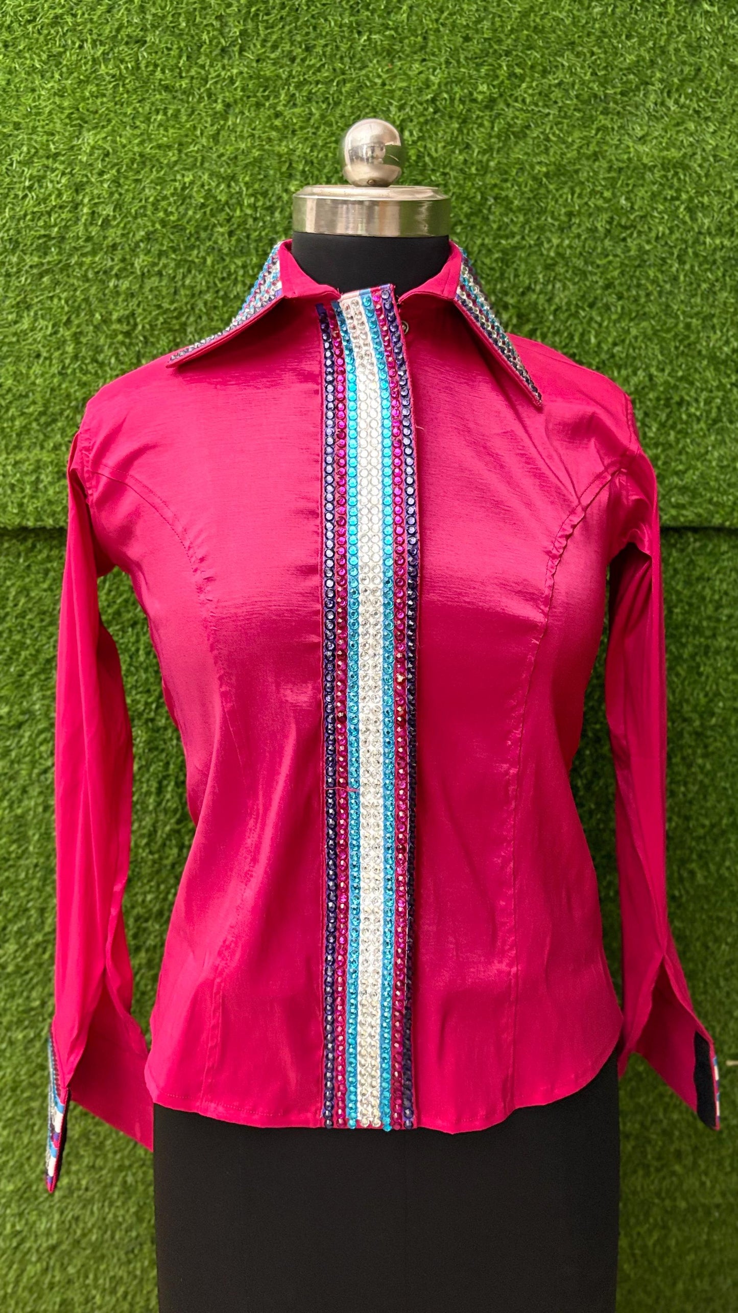 Womens Western Show Shirt | Hot Pink Multicolor Striped Rhinestone Showmanship Shirt | Ladies Rodeo Queen Blouse | Horse Show Shirt