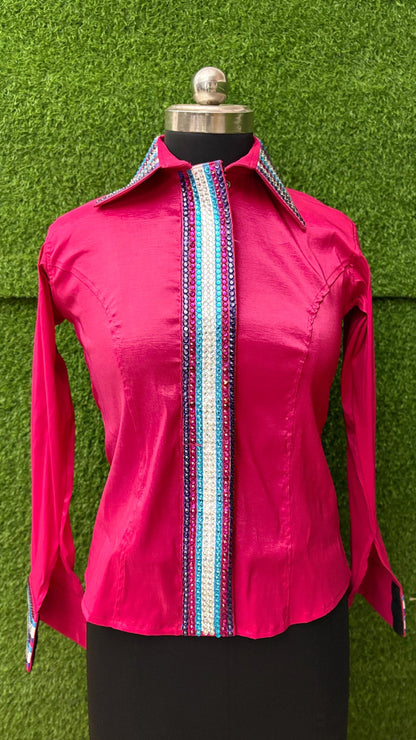 Womens Western Show Shirt | Hot Pink Multicolor Striped Rhinestone Showmanship Shirt | Ladies Rodeo Queen Blouse | Horse Show Shirt